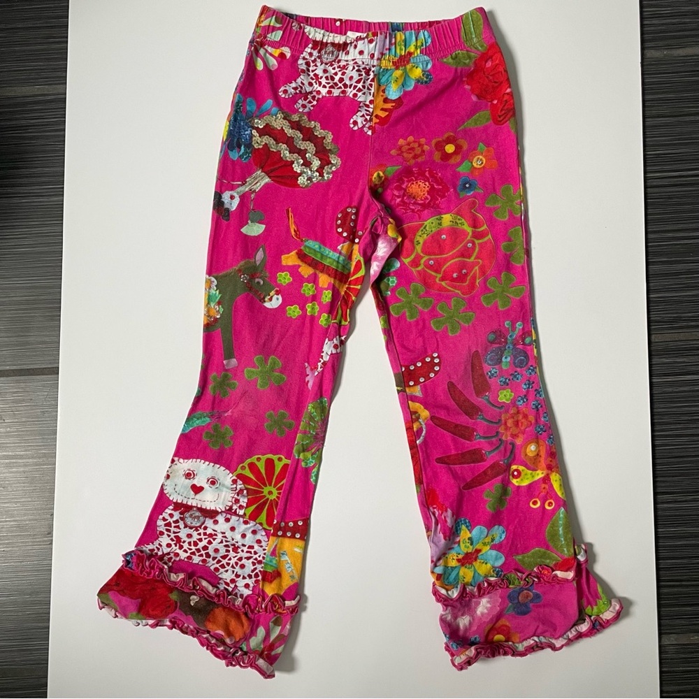 Oilily designer boutique Pink and Green unique cropped pants, 128 7-8
